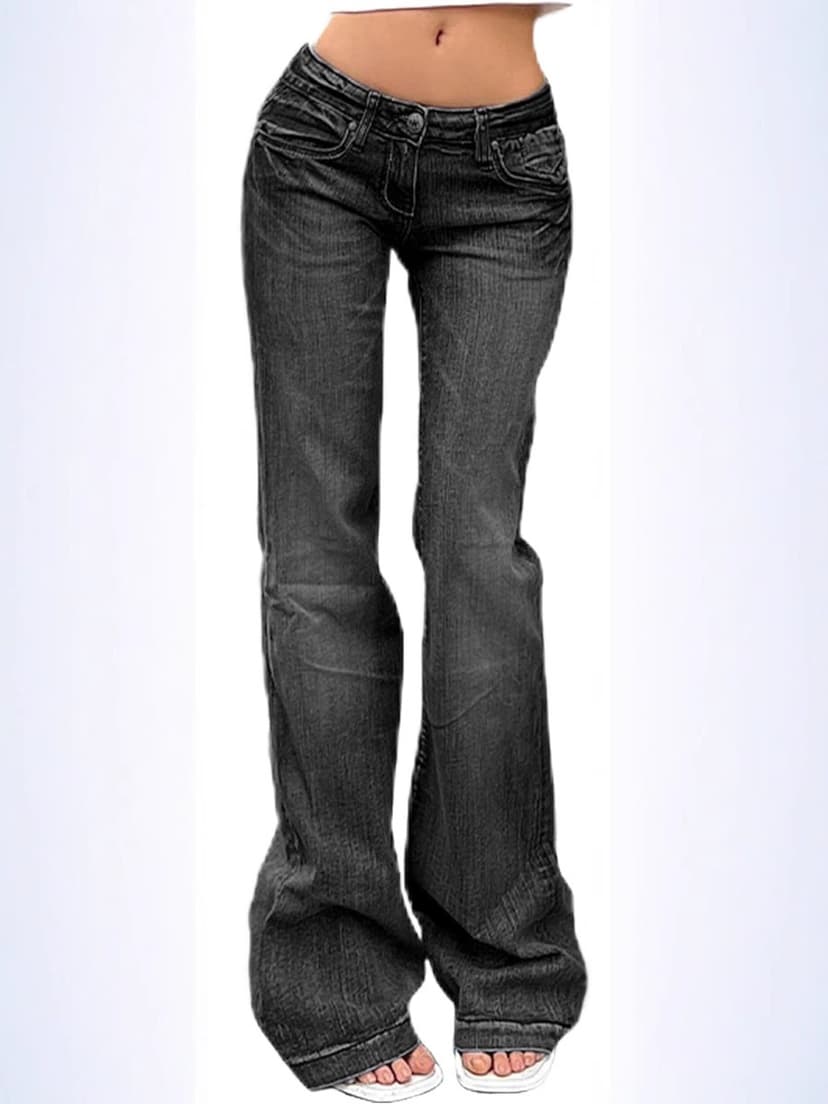 Black low-rise flared jeans worn by a model