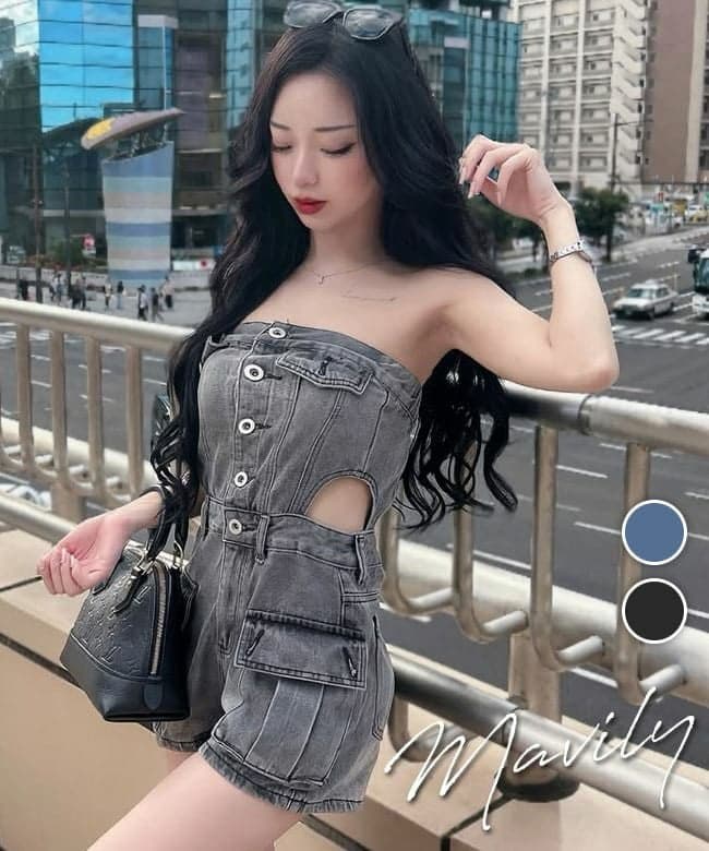 Side cut denim all-in-one