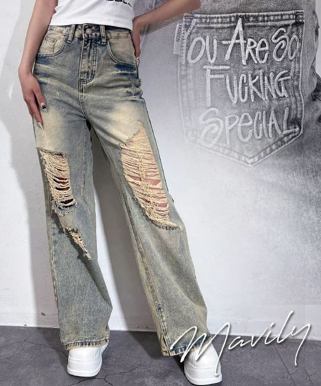 Distressed loose denim pants
