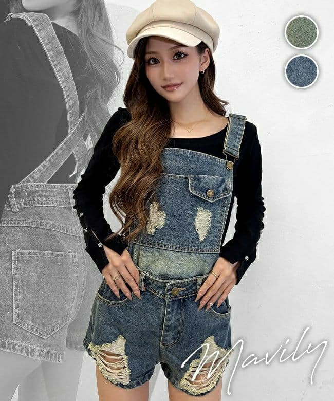 Damaged denim mini overalls