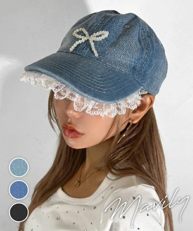 denim cap with lace