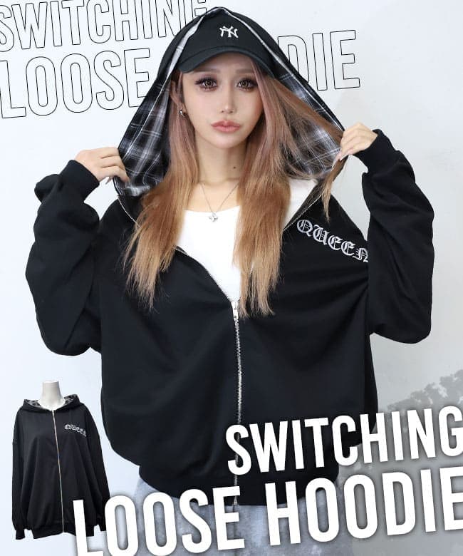Plaid switching hoodie
