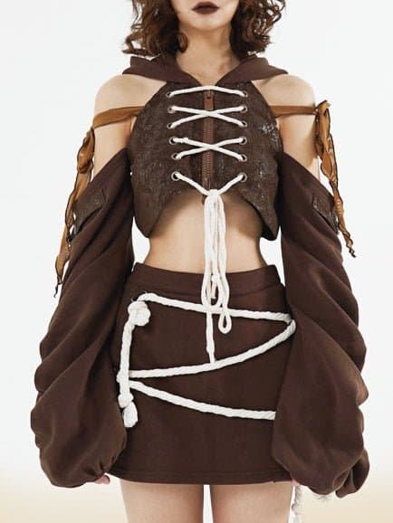 Hollow ZIP-up Hooded Top &amp; Short Skirt - view 1