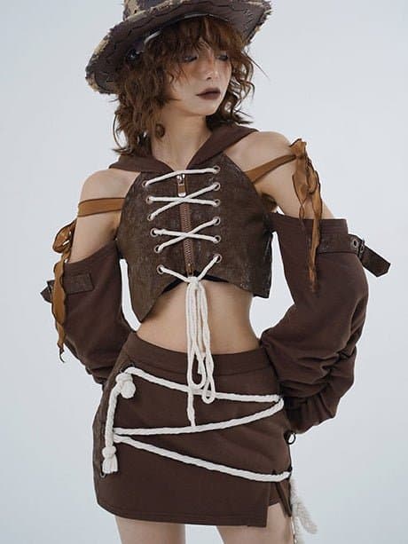 Hollow ZIP-up Hooded Top &amp; Short Skirt - view 3