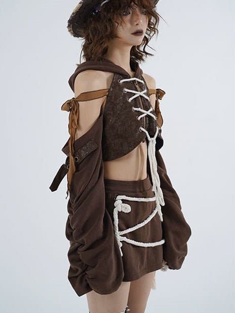 Hollow ZIP-up Hooded Top &amp; Short Skirt - view 4