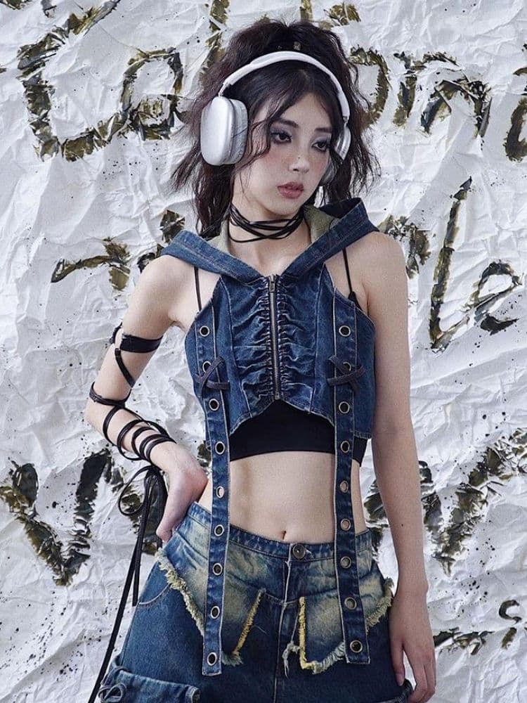 Hooded Denim Punk Rock Vest - view 1