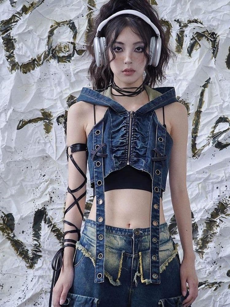 Hooded Denim Punk Rock Vest - view 2