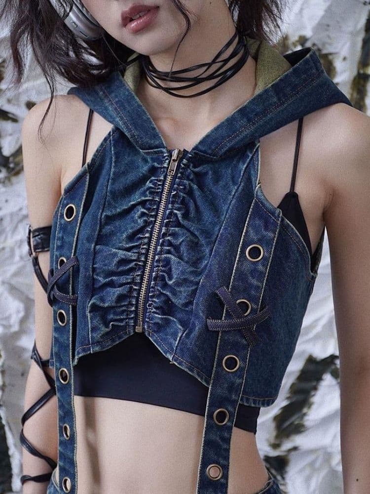 Hooded Denim Punk Rock Vest - view 3