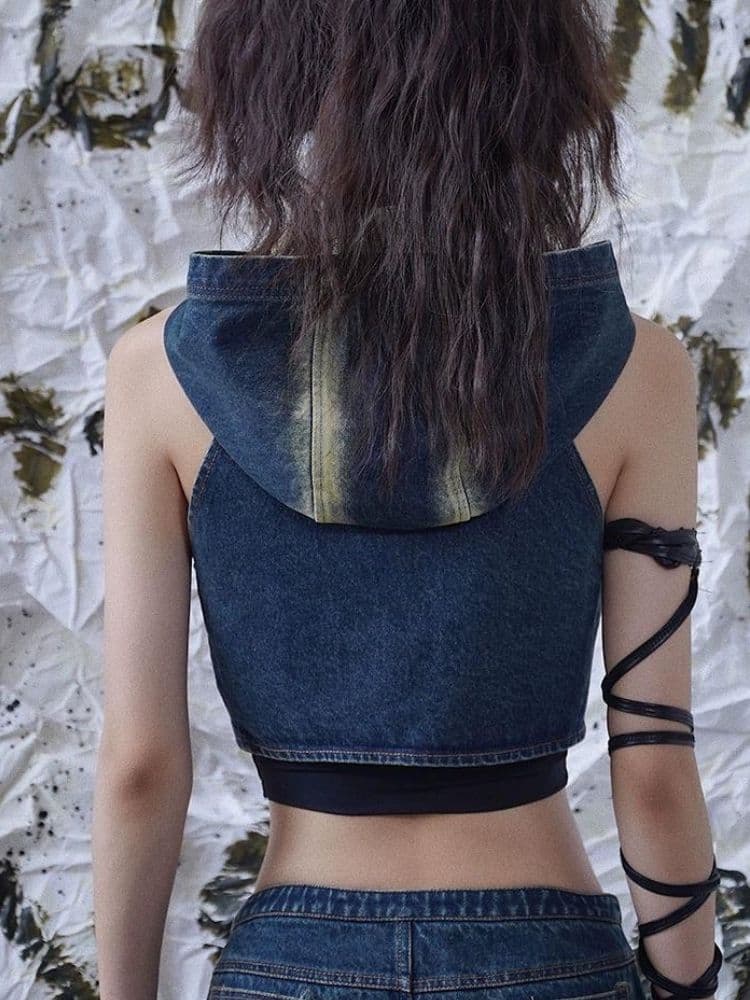 Hooded Denim Punk Rock Vest - view 4
