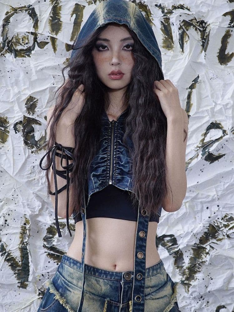 Hooded Denim Punk Rock Vest - view 6