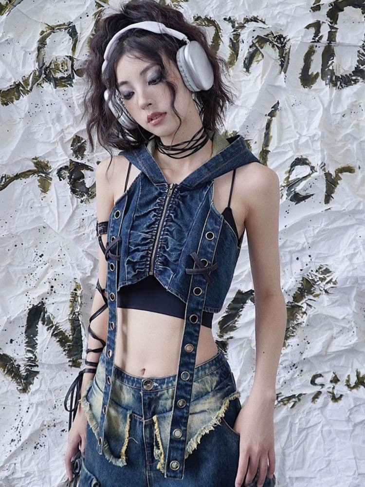 Hooded Denim Punk Rock Vest - view 7