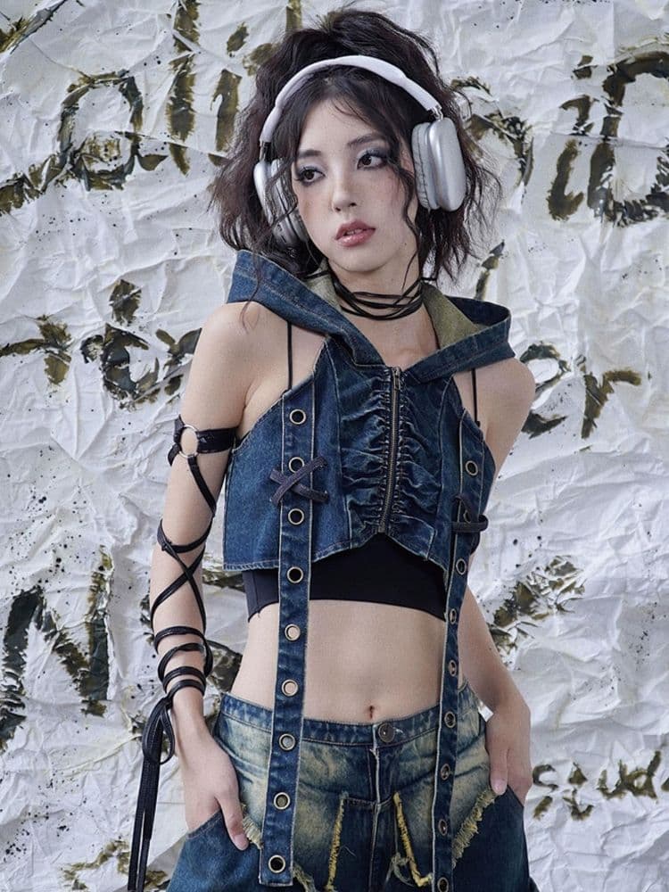 Hooded Denim Punk Rock Vest - view 8
