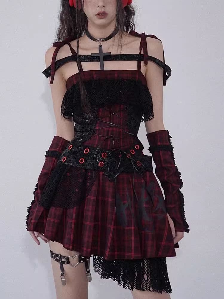 Niche Iconic Rock Halter Red and Black Plaid Dress - view 1