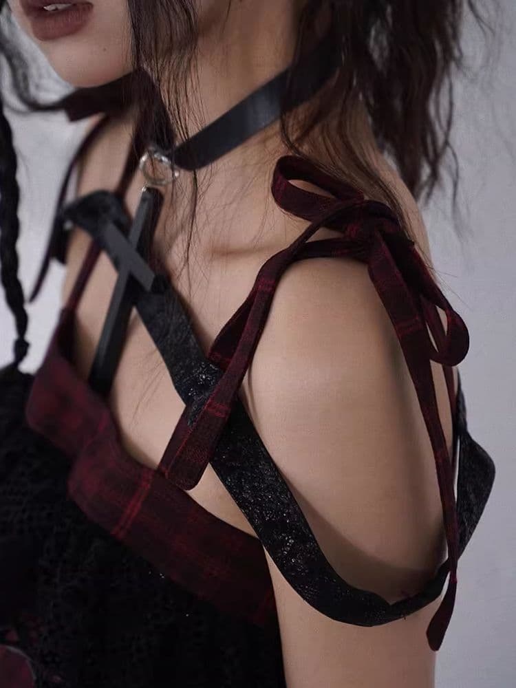 Niche Iconic Rock Halter Red and Black Plaid Dress - view 2