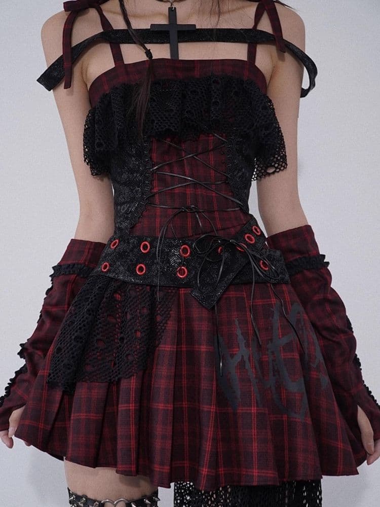 Niche Iconic Rock Halter Red and Black Plaid Dress - view 3