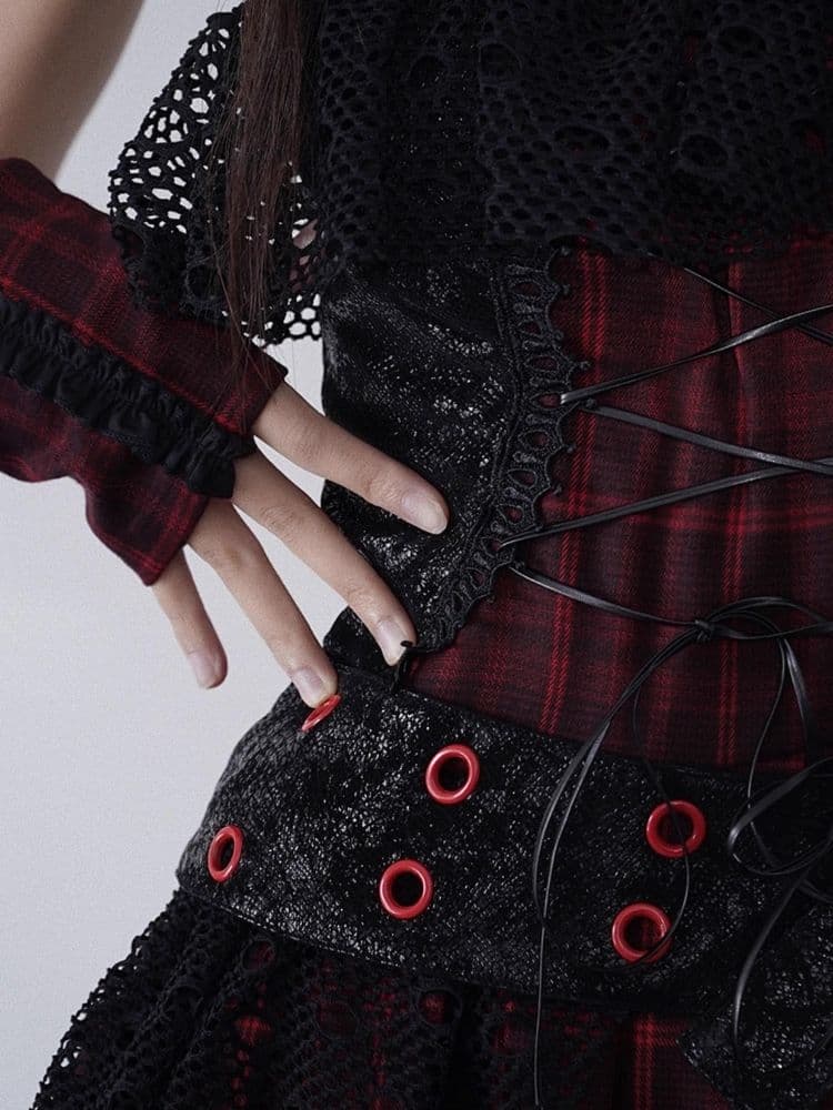 Niche Iconic Rock Halter Red and Black Plaid Dress - view 4