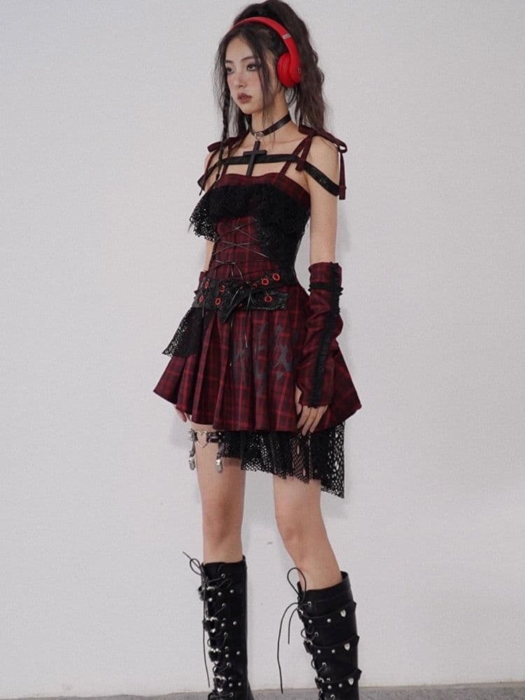 Niche Iconic Rock Halter Red and Black Plaid Dress - view 5