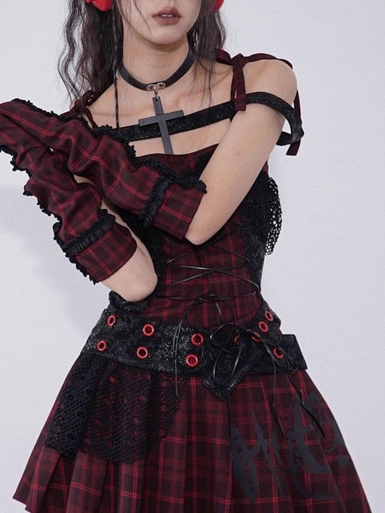 Niche Iconic Rock Halter Red and Black Plaid Dress - view 6
