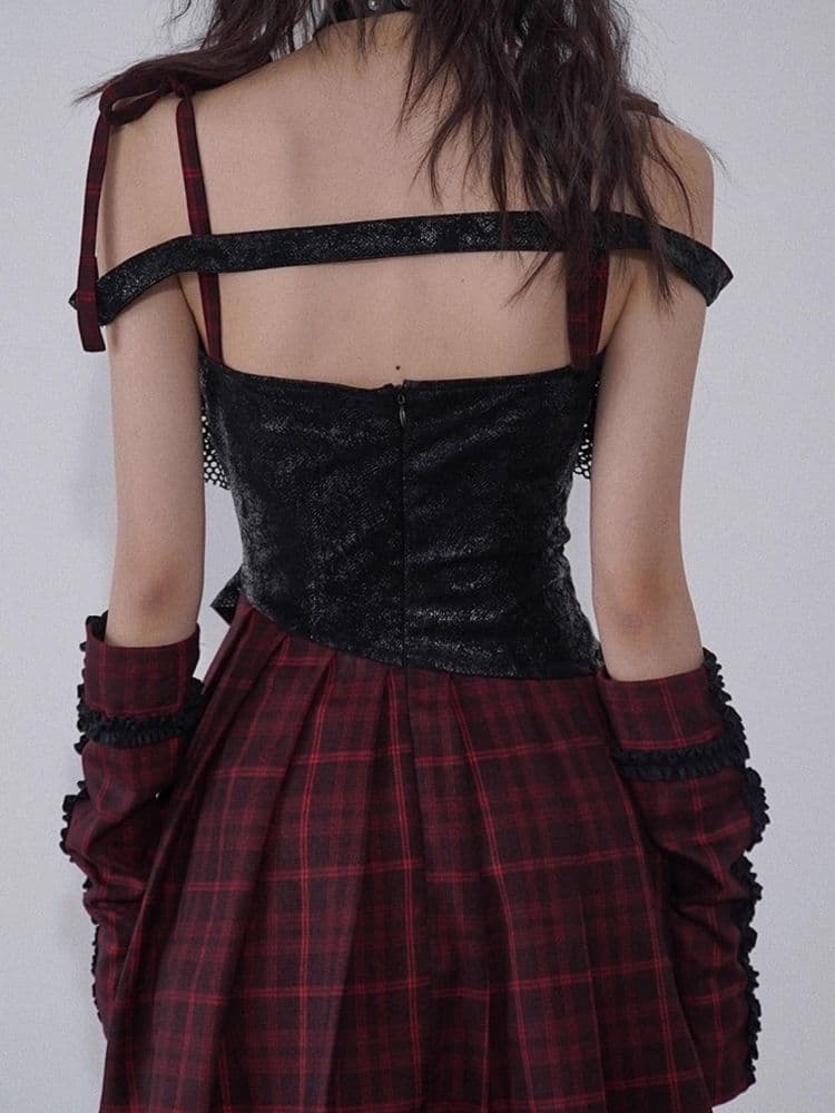 Niche Iconic Rock Halter Red and Black Plaid Dress - view 8