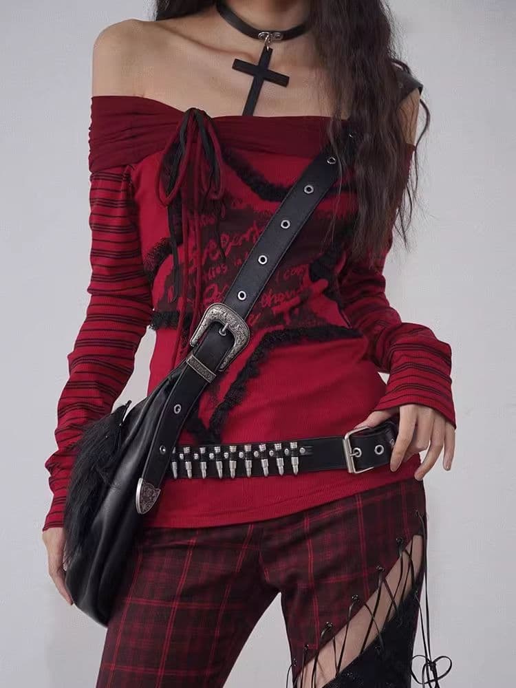 One Shoulder Red and Black Printed Knit Slim Top - view 1