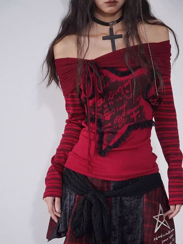 One Shoulder Red and Black Printed Knit Slim Top - view 3