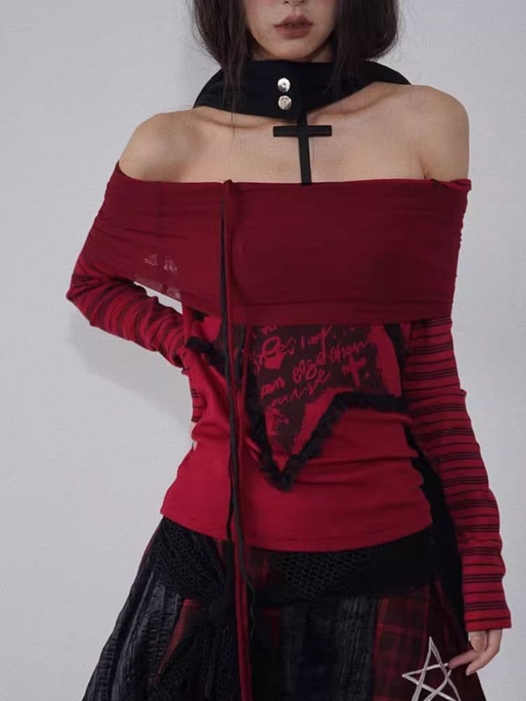 One Shoulder Red and Black Printed Knit Slim Top - view 4