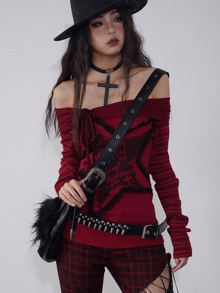 One Shoulder Red and Black Printed Knit Slim Top - view 5