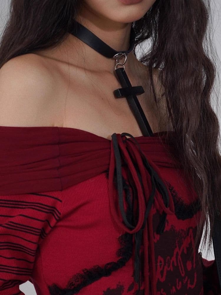 One Shoulder Red and Black Printed Knit Slim Top - view 6