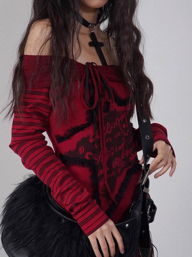 One Shoulder Red and Black Printed Knit Slim Top - view 7