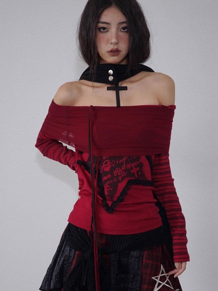 One Shoulder Red and Black Printed Knit Slim Top - view 8