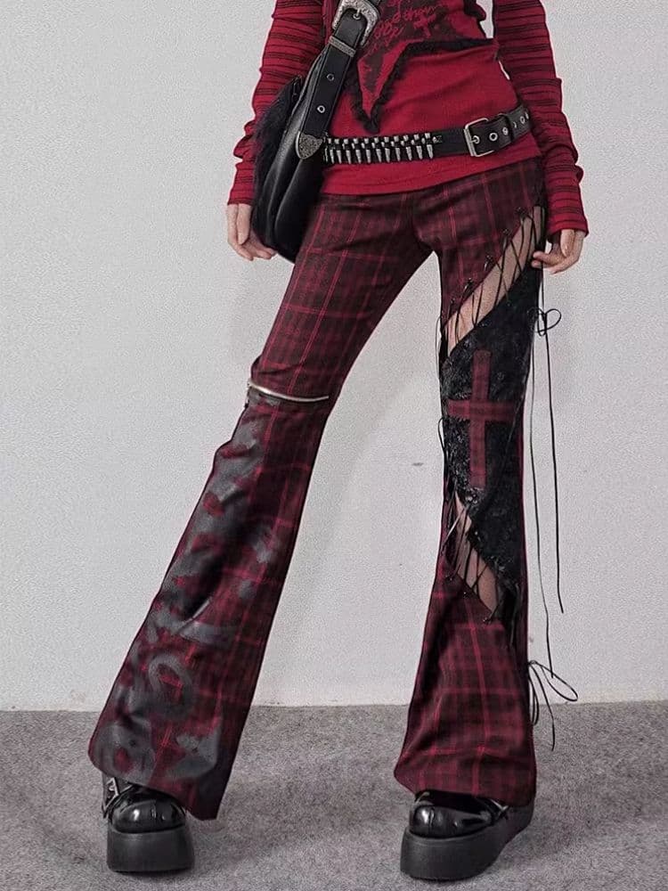 Plaid Patchwork Leather chic pants - view 1