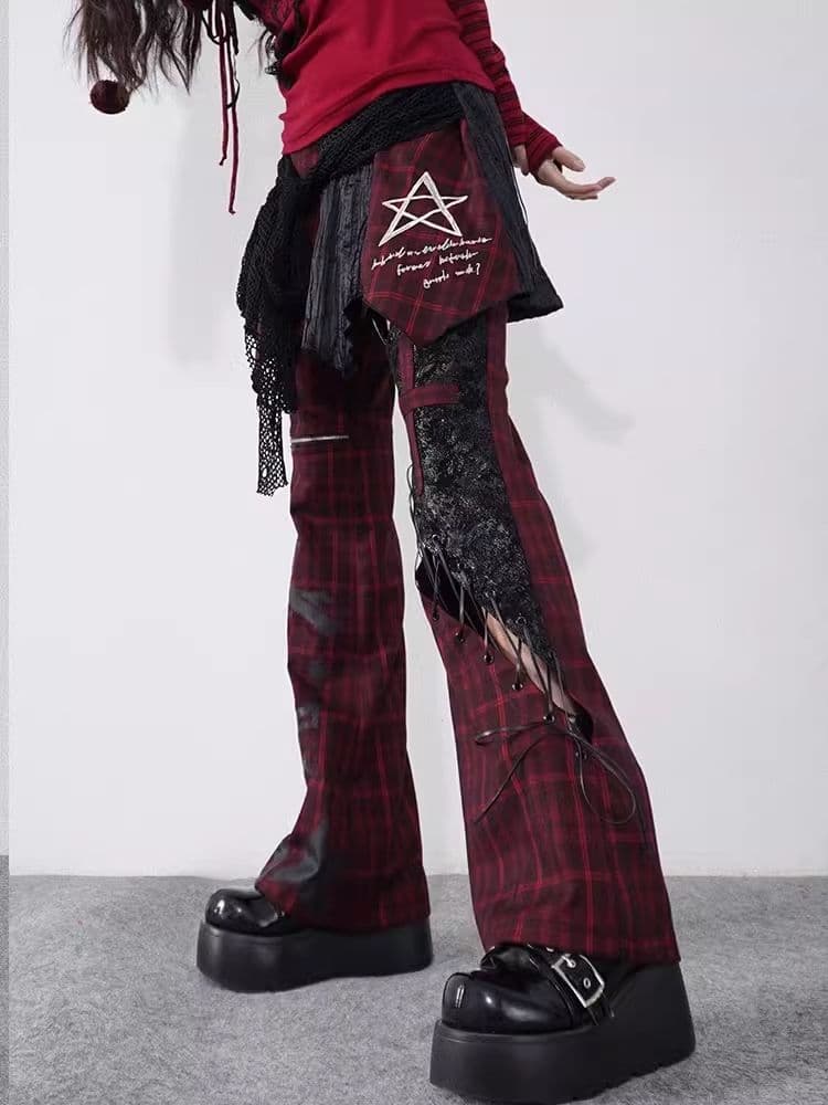 Plaid Patchwork Leather chic pants - view 2