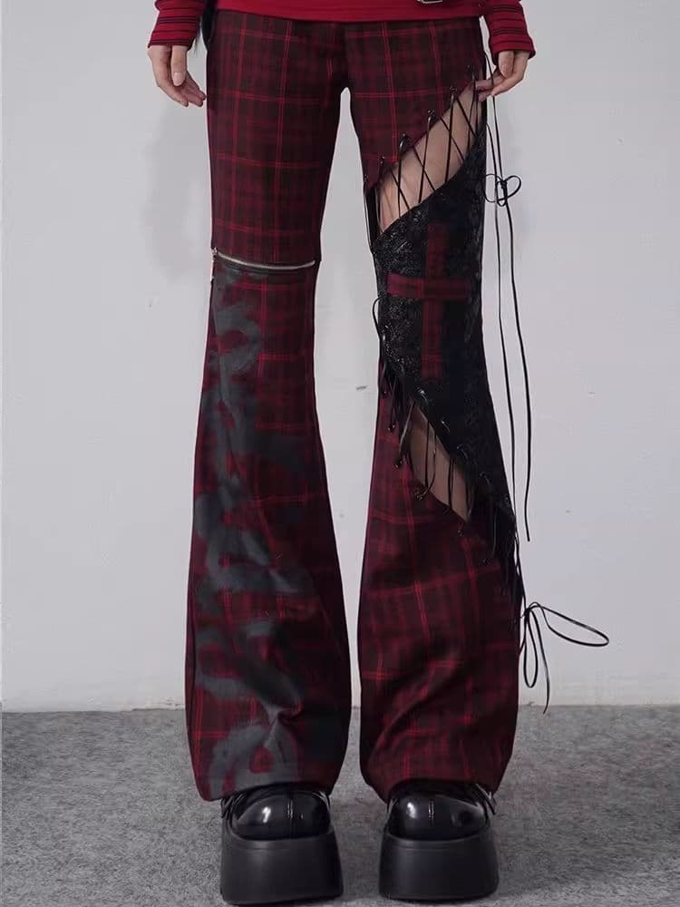 Plaid Patchwork Leather chic pants - view 3