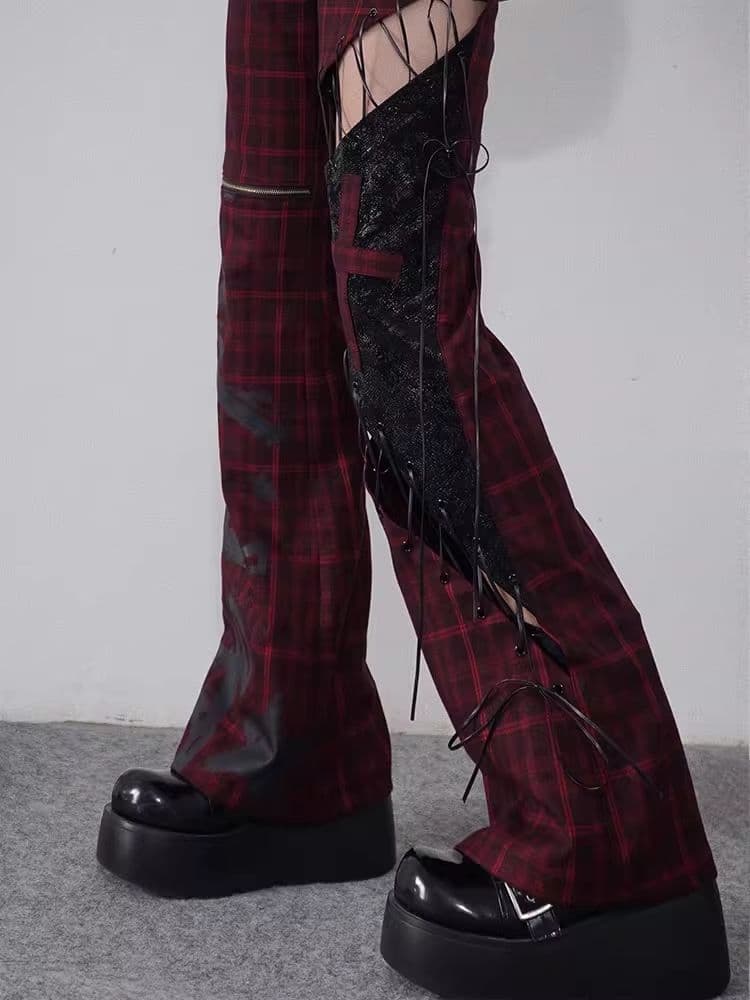 Plaid Patchwork Leather chic pants - view 4