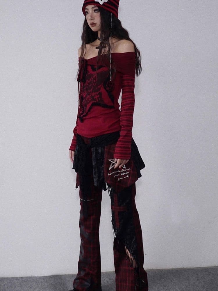 Plaid Patchwork Leather chic pants - view 5
