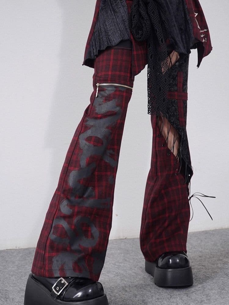 Plaid Patchwork Leather chic pants - view 6