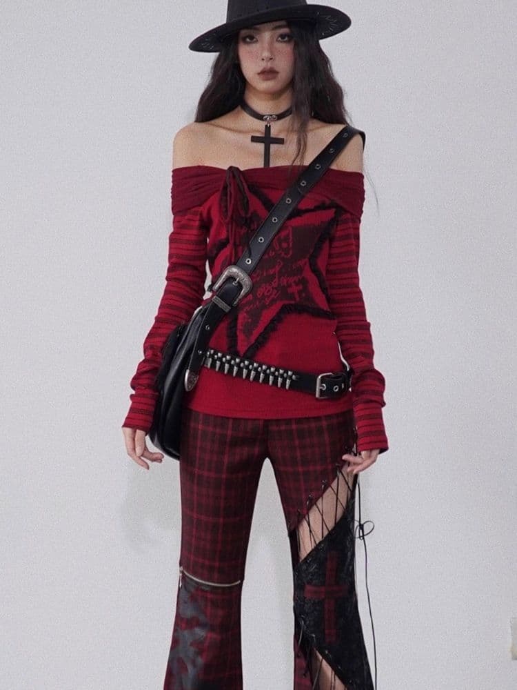 Plaid Patchwork Leather chic pants - view 7
