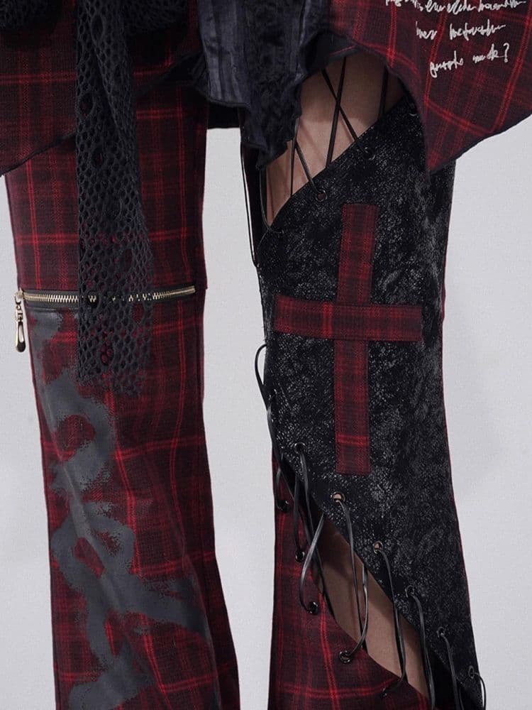Plaid Patchwork Leather chic pants - view 8
