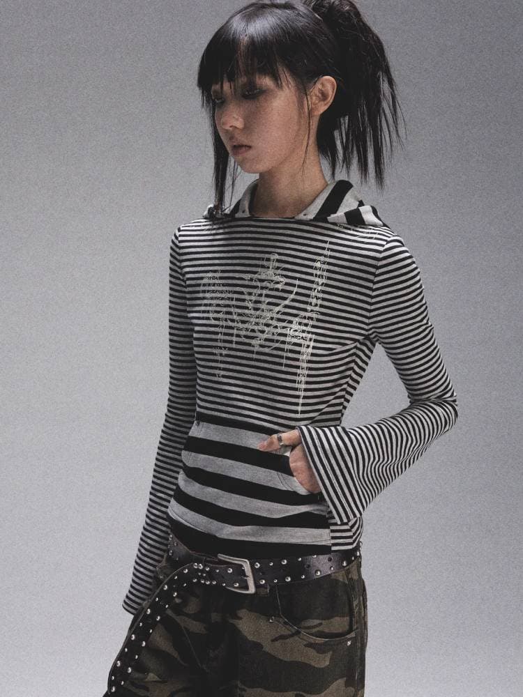 Striped Print Long Sleeve Hooded T-Shirt [S0000008450] - view 4