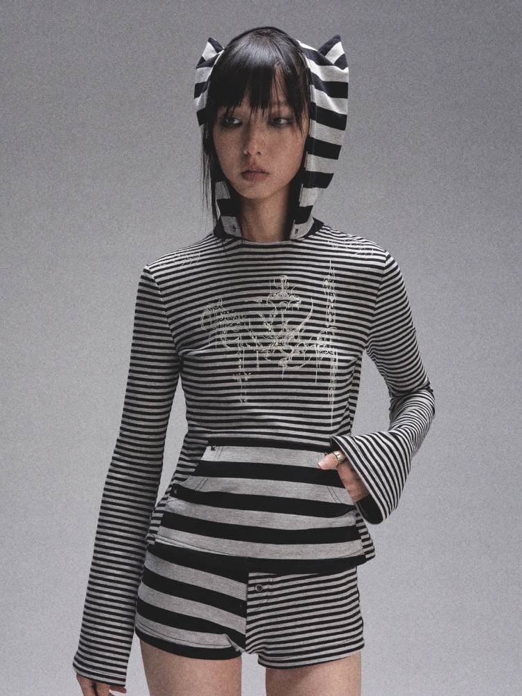 Striped Print Long Sleeve Hooded T-Shirt [S0000008450] - view 5