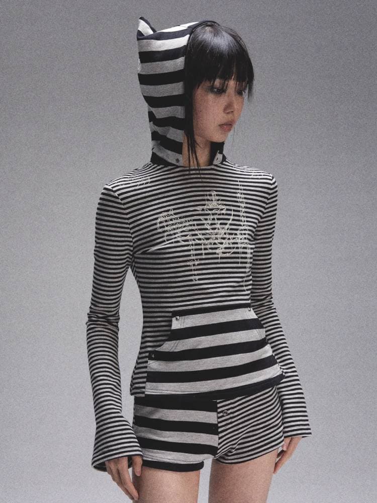 Striped Print Long Sleeve Hooded T-Shirt [S0000008450] - view 6