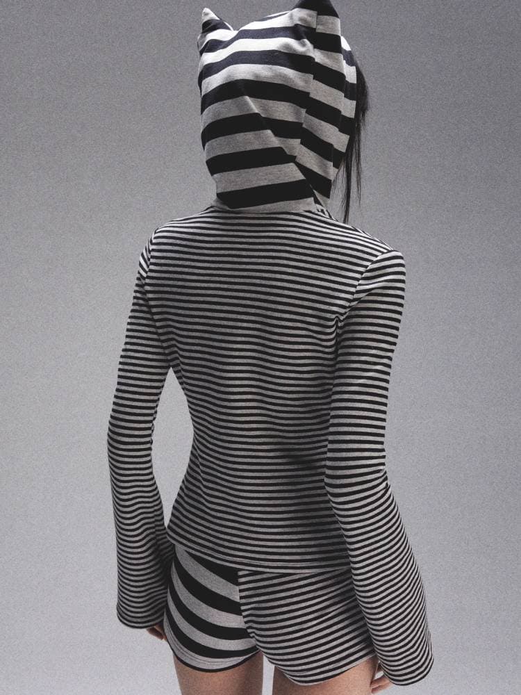 Striped Print Long Sleeve Hooded T-Shirt [S0000008450] - view 7