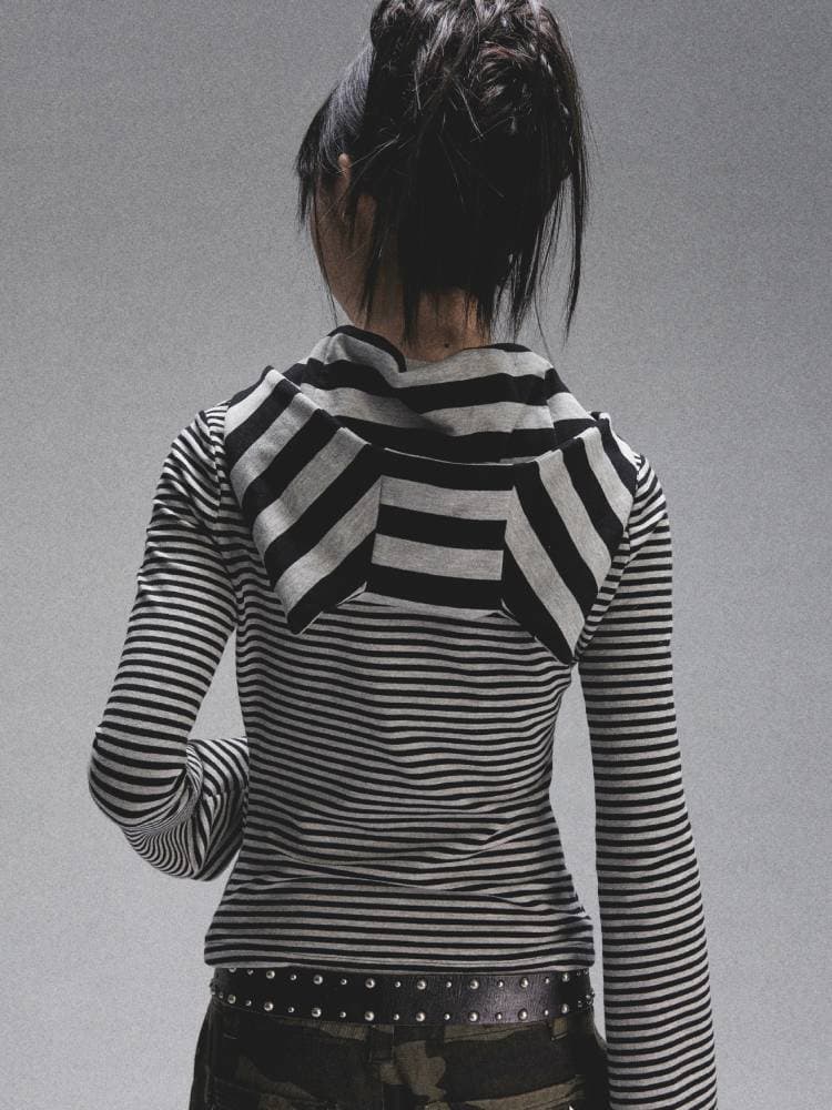 Striped Print Long Sleeve Hooded T-Shirt [S0000008450] - view 8