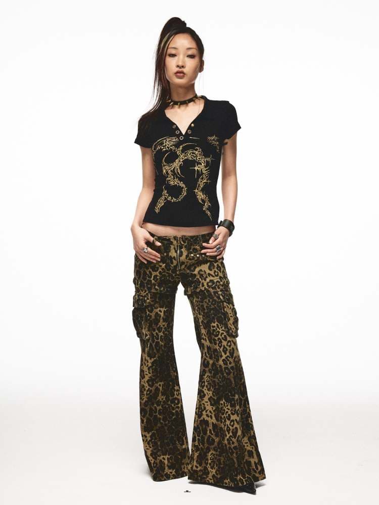 2way Leopard Pattern Low Rise Studs Flare Jeans [S0000009010] - view 2