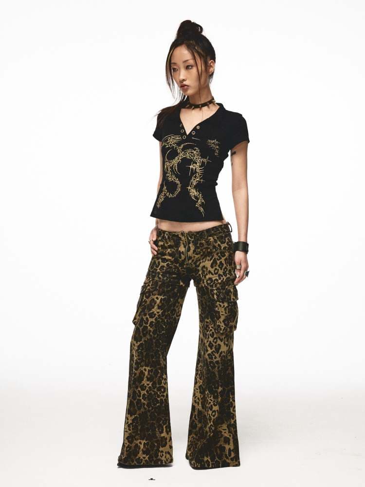 2way Leopard Pattern Low Rise Studs Flare Jeans [S0000009010] - view 3