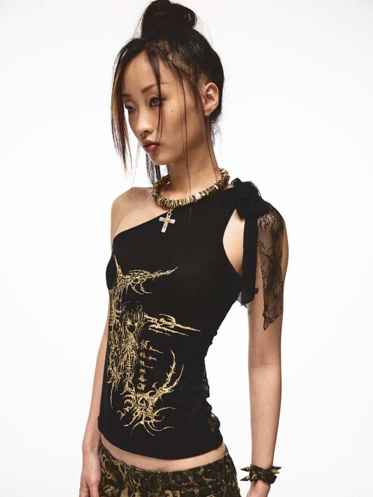 Back Flower Stitched Lace One-Shoulder Print Tops [S0000009011] - view 1