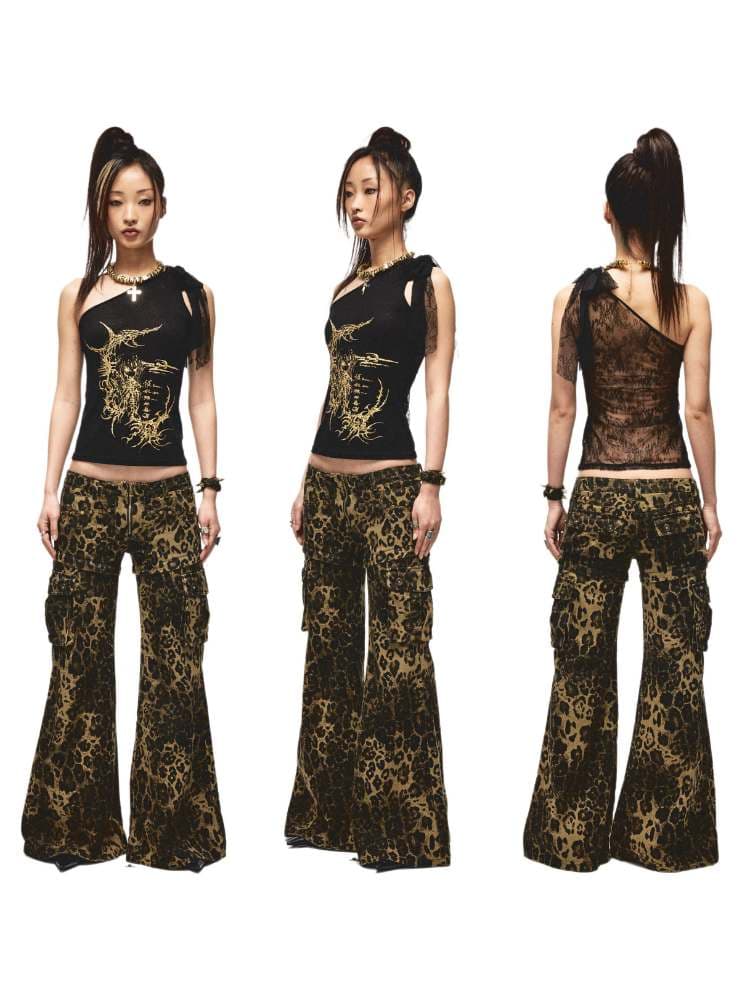 Back Flower Stitched Lace One-Shoulder Print Tops [S0000009011] - view 2