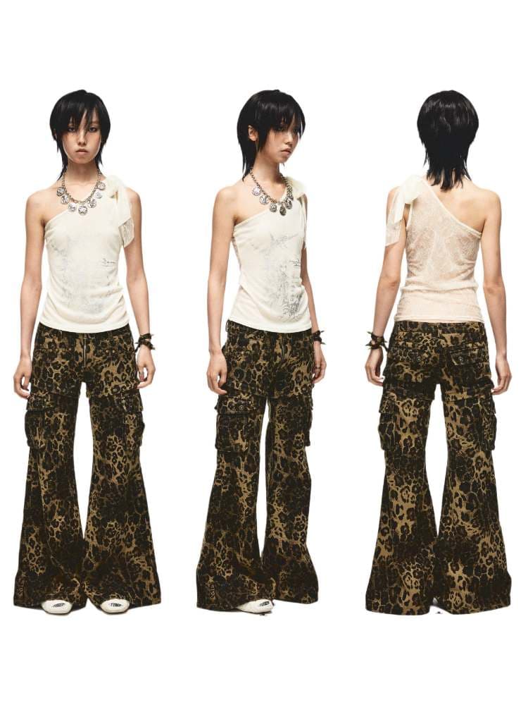 Back Flower Stitched Lace One-Shoulder Print Tops [S0000009011] - view 3