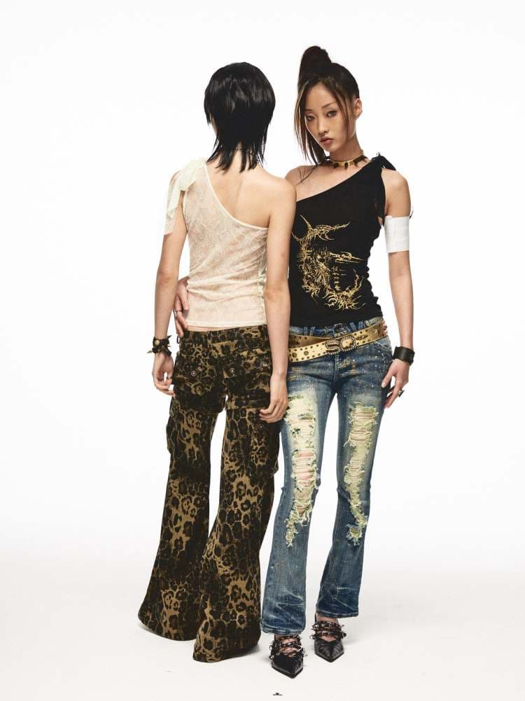 Back Flower Stitched Lace One-Shoulder Print Tops [S0000009011] - view 5