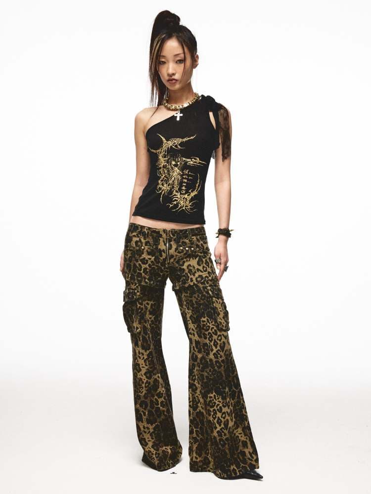 Back Flower Stitched Lace One-Shoulder Print Tops [S0000009011] - view 6